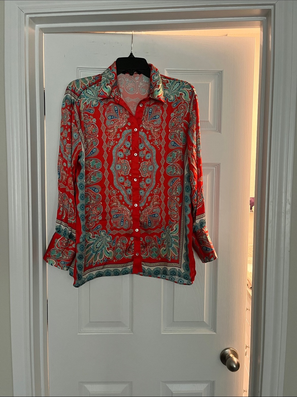 Zara Coral Paisley Button-Down Blouse with Teal Accents